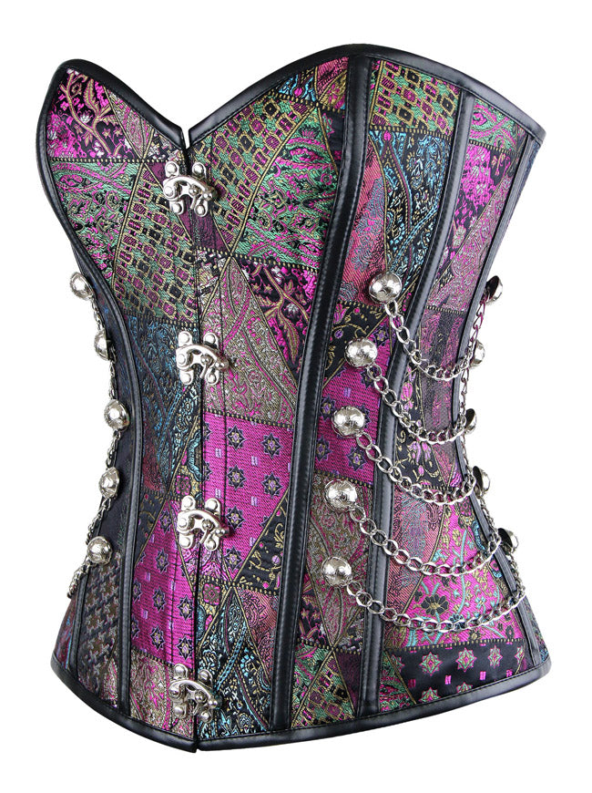 Women's Fashion Jacquard Spiral Steel Boned Busk Closure Waist Cincher Bustier Corset with Chains Purple Side View