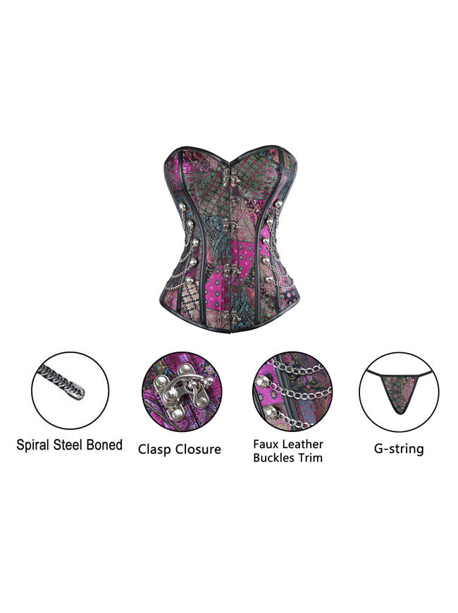 Women's Retro Jacquard Spiral Steel Boned Busk Closure Halloween Corset with Chains Purple Detail View