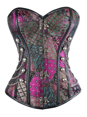 Steampunk Gothic Spiral Steel Boned Brocade Waist Cincher Overbust Corset with Chains Main View