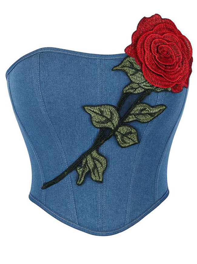 Charmian Womens Vintage Sleeveless Lace Up Plastic Boned Denim Rose Bustier Corset Top Blue Main Image