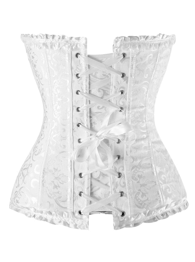 Women's Steampunk Satin Laces Boned Bridal Lingerie Overbust Corset Bustier White Back View