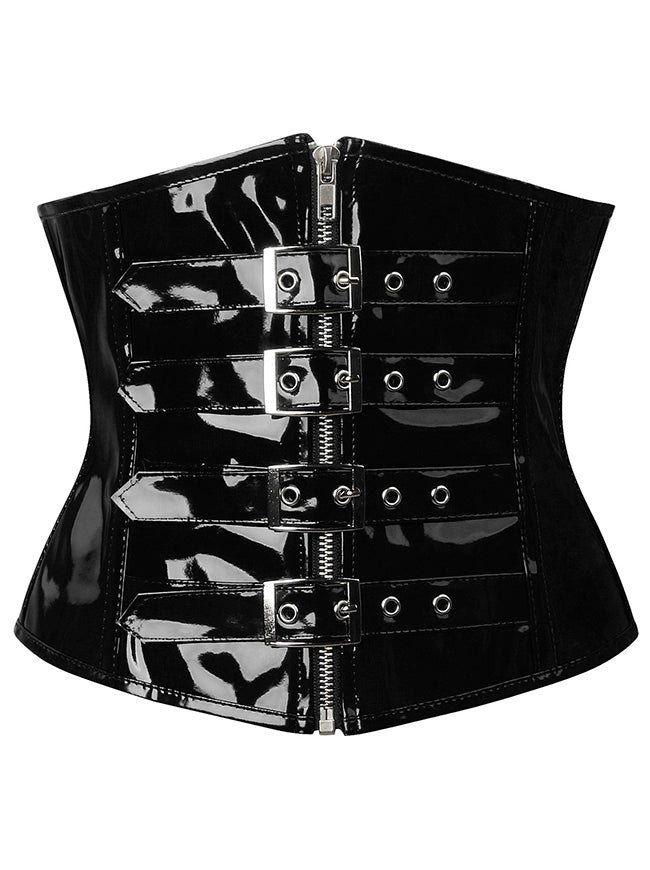 Charmian Women's Gothic PVC Leather Front Zipper Underbust Corset with Buckles Black Main Image