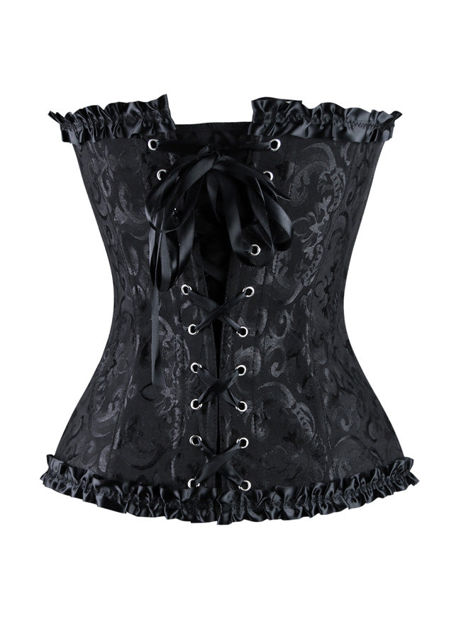 Renaissance Old Fashion Jacquard Ribbon Ruffles Trim Strapless Lingerie Corset Top