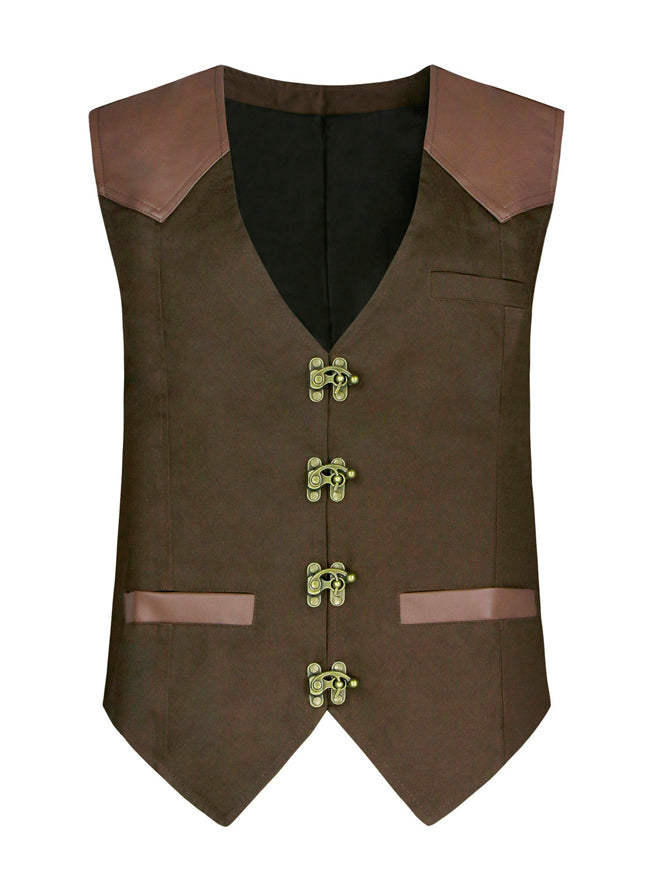 Men's Steampunk Victorian Faux Leather Patchwork Waistcoat Casual Vest Main Image