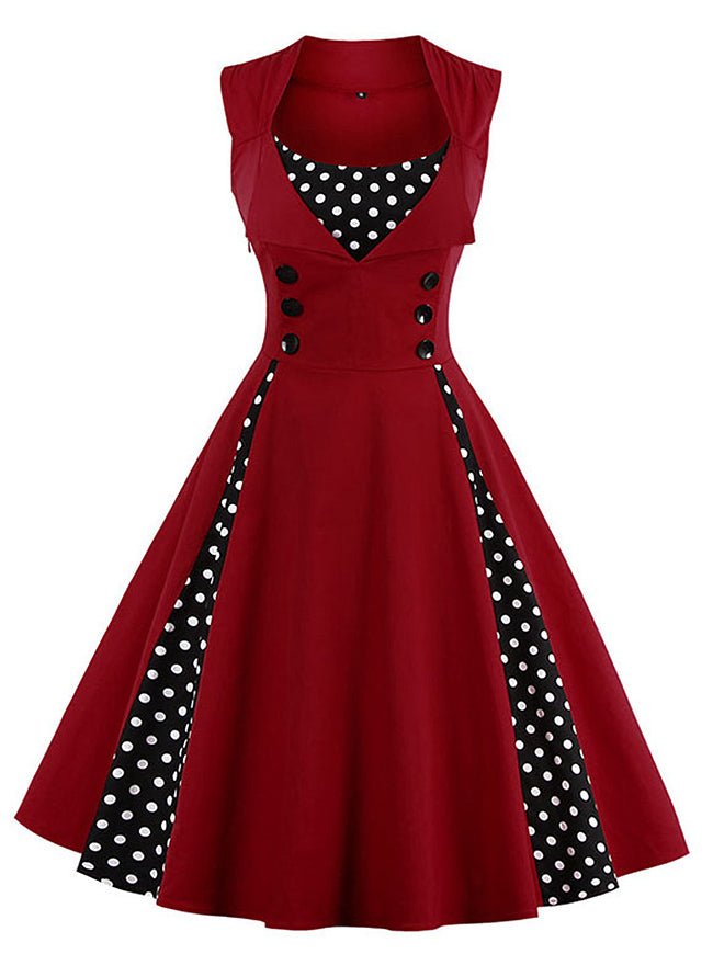 Killreal Women's Vintage Polka Dot Print A-Line Sleeveless Cocktail Party Casual Dress Wine Red Main Image