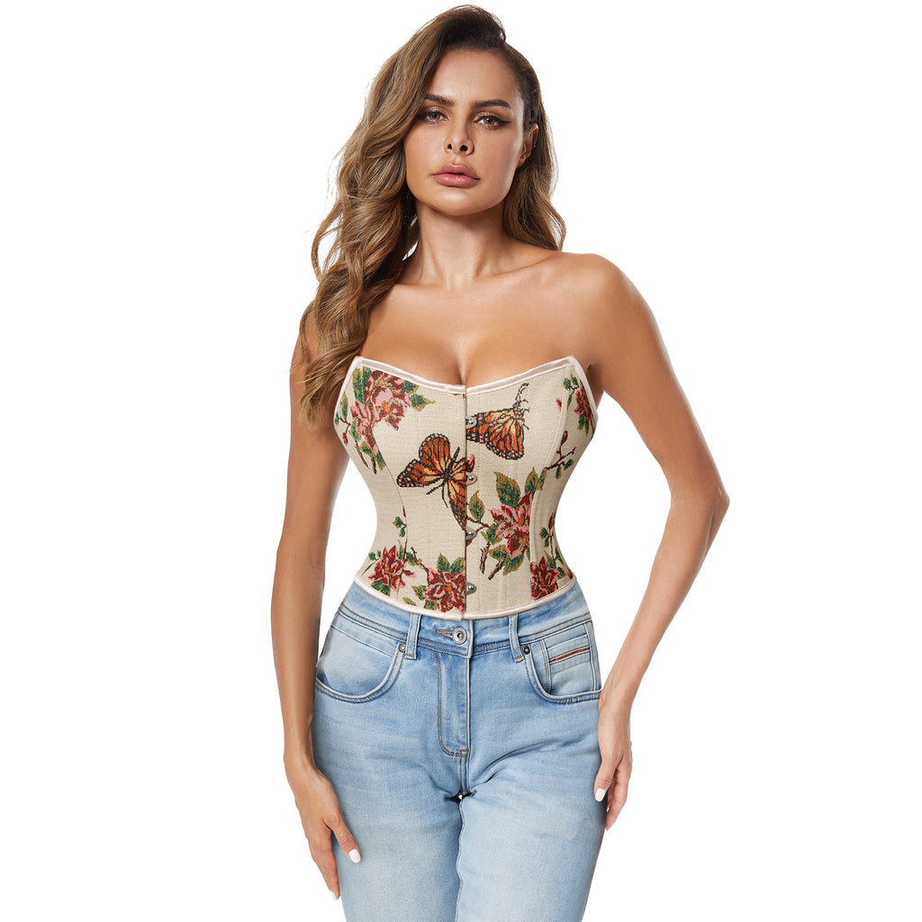 Vintage Waist Cincher Floral Strapless Bodice Push Up Corset Crop Top Main View