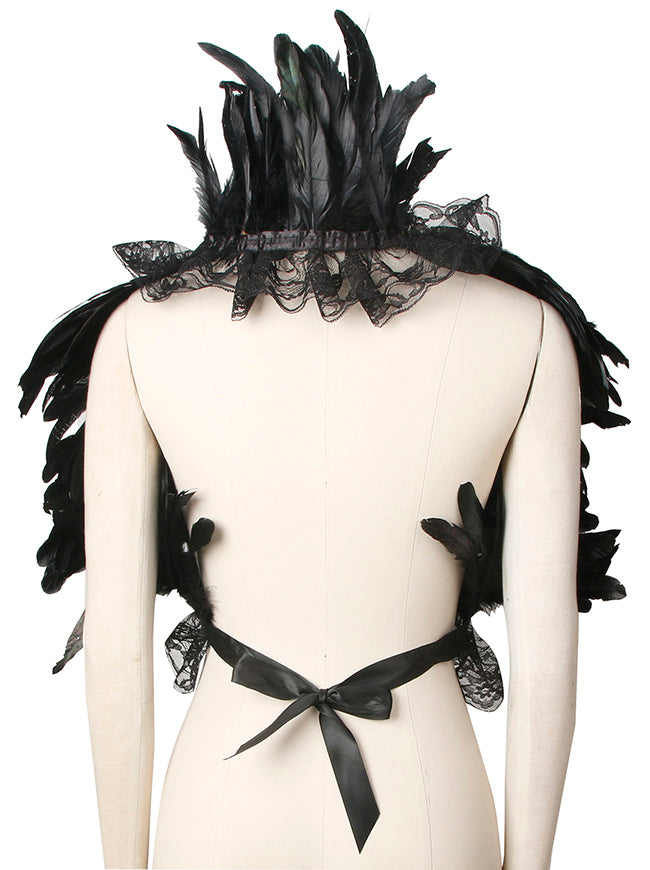 Black Natural Feather Gothic Cape Shawl with Choker Collar Detail View