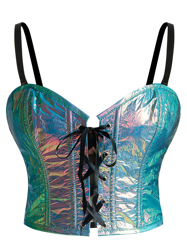 Charmian Women's Y2K Shiny Faux Cowhide Iridescent Rave Bustier Corset Crop Top Main Image