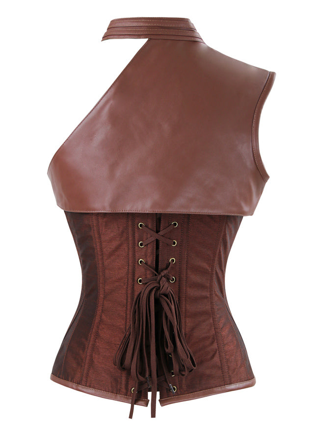 Women's Fashion Jacquard Heavy Strong Steel Boned High Neck Shrug Waist Cincher Corset with Zipper Brown Back View