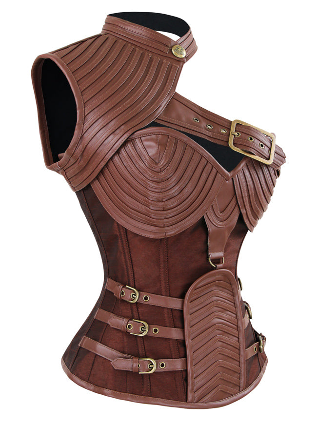 Women's Steampunk Jacquard Heavy Strong Steel Boned High Neck Shrug Corset with Zipper Brown Main View