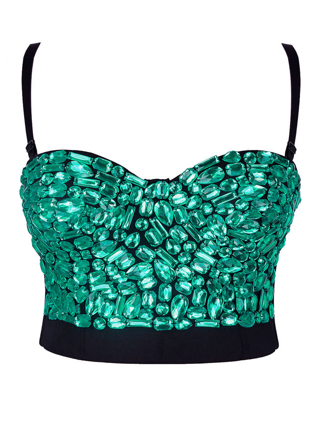 Spaghetti Straps Rhinestone Beaded Push Up Bra Studded Gem Clubwear Party Bustier Crop Top