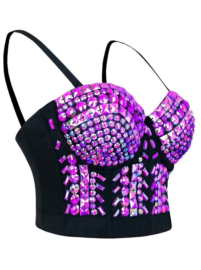 Gothic Spaghetti Strap Studs Rivets Beaded Halloween Bustier Crop Top Bra Multicolored Side View