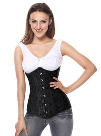 Classical Burlesque Natural Women Black Jacquard Punk Steel Boned Lace Up Waist Training Underbust Corset Tops Main View