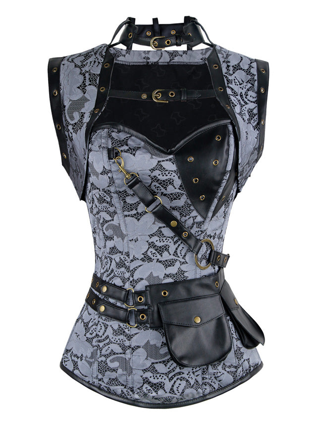 Retro Goth Spiral Steel Bones Brocade Steampunk Bustiers Corset with Jacket and Belt Main Image