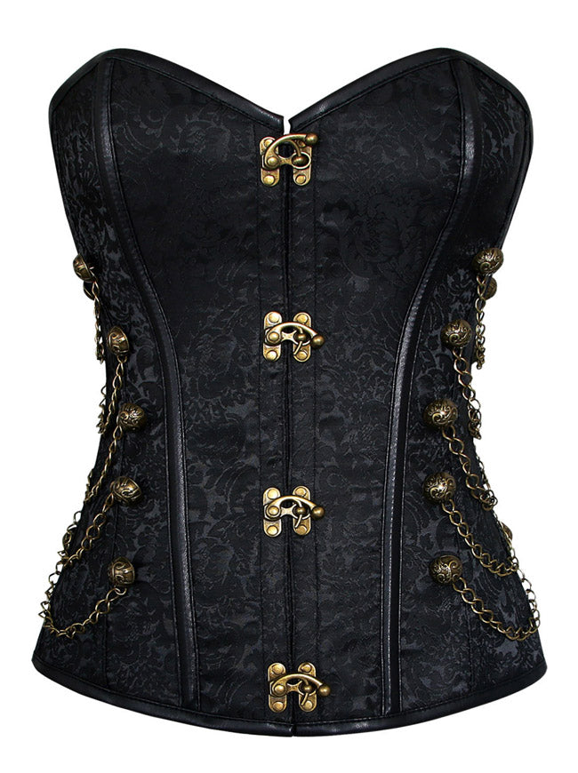 Steampunk Gothic Spiral Steel Boned Brocade Waist Cincher Overbust Corset with Chains Main Image