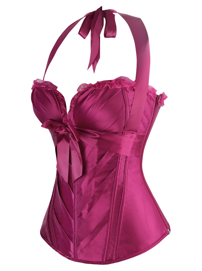 Women's Burlesque Satin Padded Halter Zipper Bustier Corset Top Purple Side View