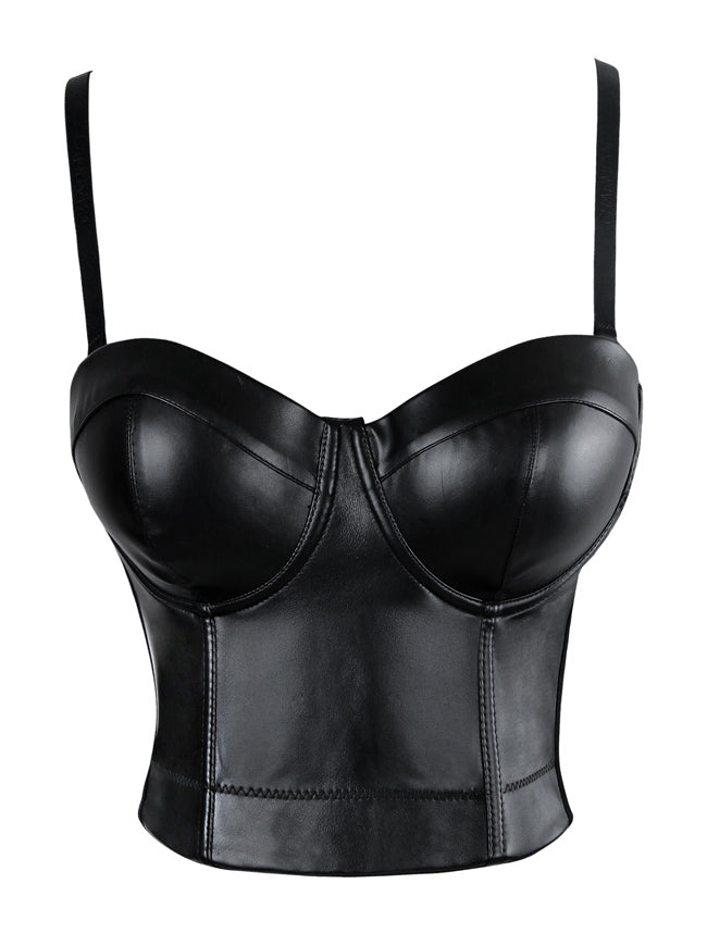 Spaghetti Straps PU Leather Bustier Crop Top Corset Bra