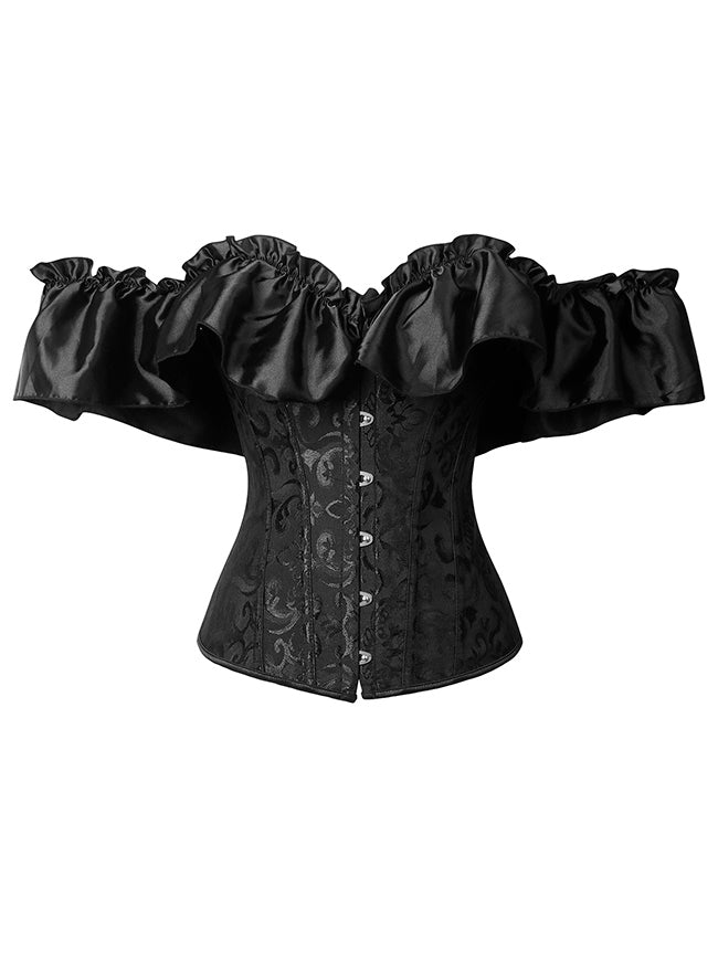 Charmian Women's Vintage Victorian Floral Off Shoulder Ruffle Overbust Lace Up Corset Black Main Image