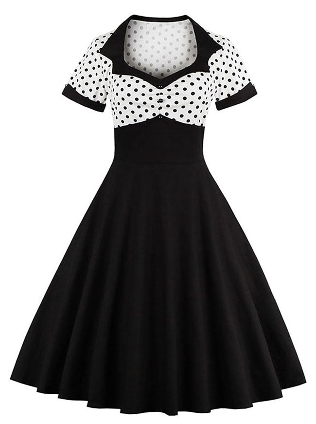 Women's Vintage Style 1950's Retro Polka Dot Swing Cocktail Dress Black polka dot white Main Image