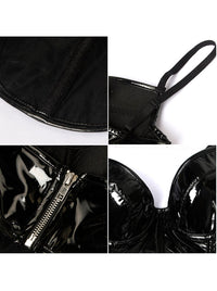 Retro Cami Black Fitted Nightout Clubwear Faux Leather Spaghetti Strap Tank Top Bustier Detail View