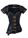 Spiral Steel Boned Steampunk Retro Brocade and Leather Overbust Corset with Jacket and Belt