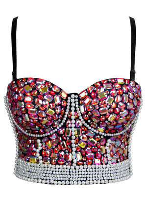 Colorful Rhinestone Beaded Push Up Bustier Crop Top Bra