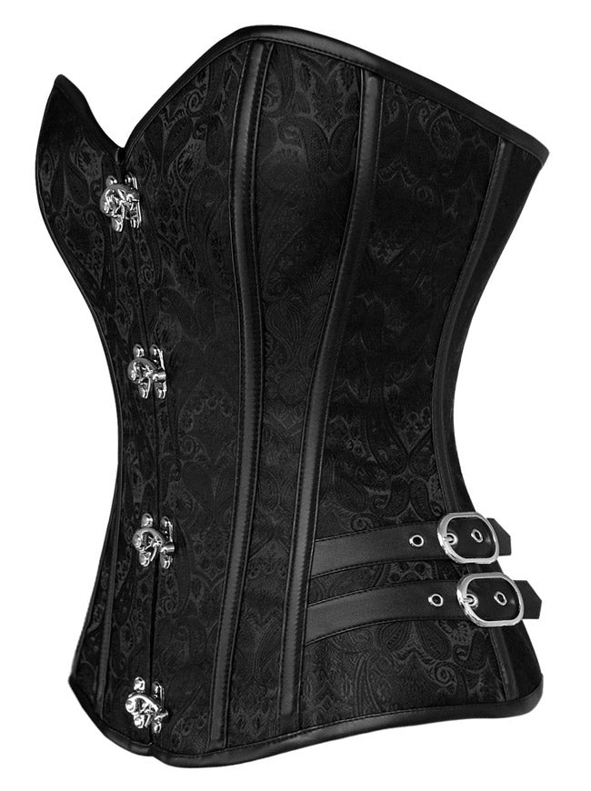 Elegant Sexy Classical Retro Women Black Brocade Punk Steampunk Steel Boned Strapless Overbust Corset Dress Side View