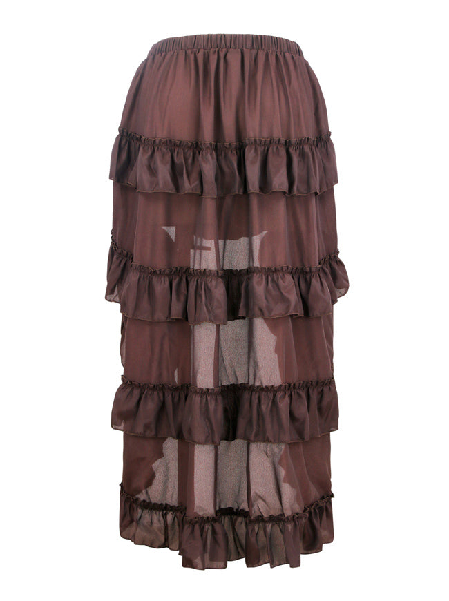 Women's Steampunk Cyberpunk High Low Ruffle Maxi Skirt Coffee Back View