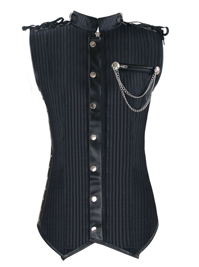 Mens Black Leather Waistcoat Vest Victorian Corset Steel Boned GOTH  Military - STEAM2 - Leather Addicts