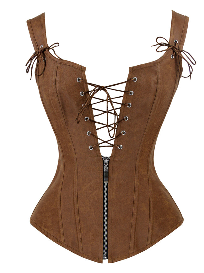 High Quality Over bust Genuine Leather Brown Corset with 1 Sided Shoulder  Strap