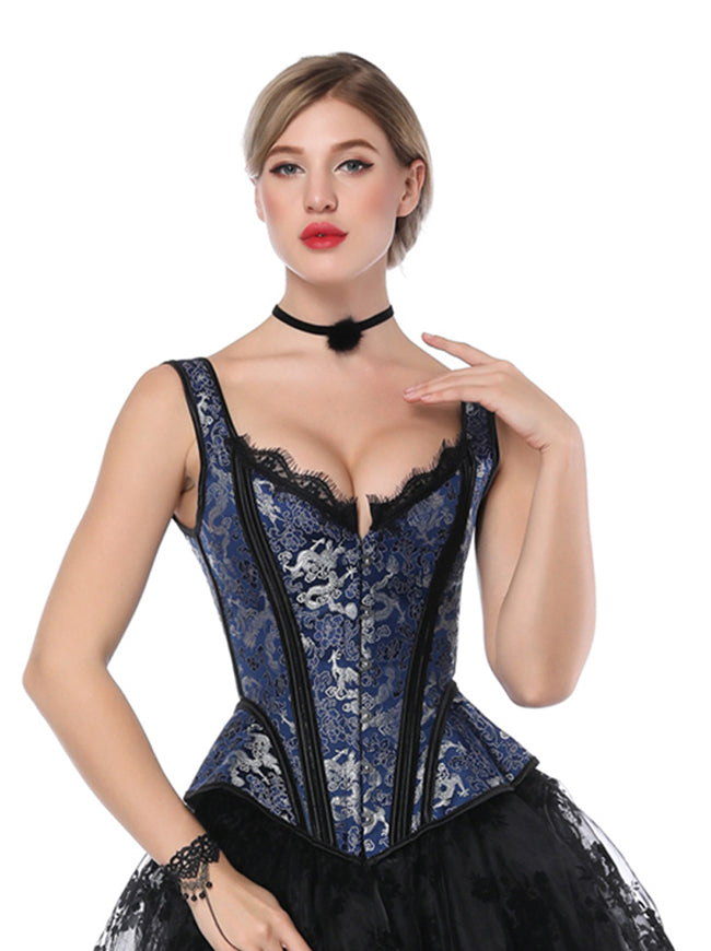 Aglaia Custom Made Gothic Overbust Blue Corset with Attached Sleeve