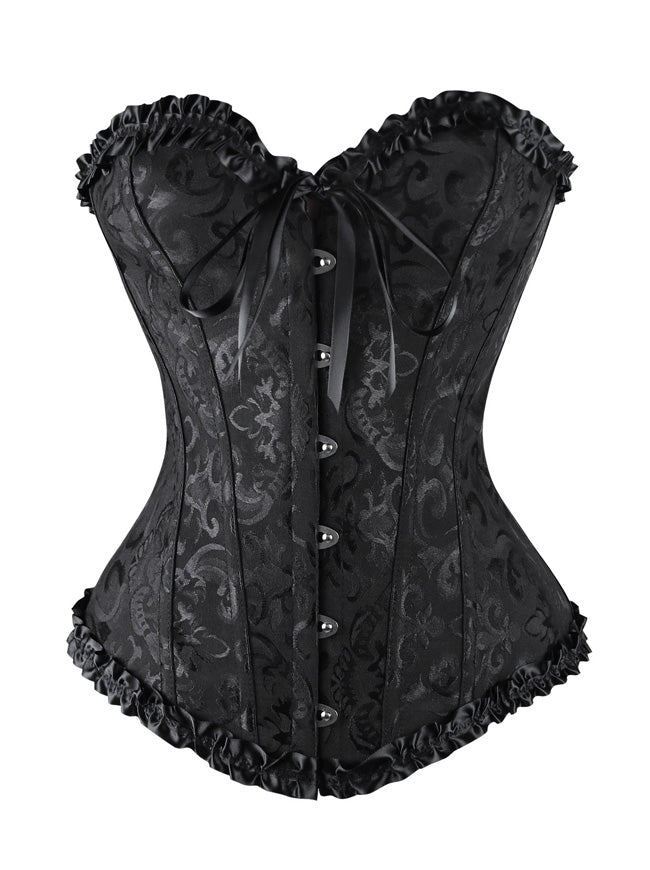 Black Brocade LONGLINE Corset Goth Burlesque Costume Overbust Bustier –  CorsetsNmore