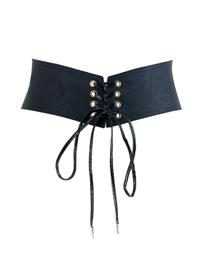 Gothic victorian black leather corset wide lace up waist cincher